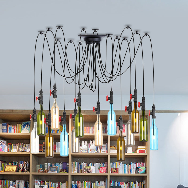 6/8/10 Lights Swag LED Multi Pendant Vintage Restaurant Hanging Ceiling Lamp with Bottle Colored Glass Shade in Black Clearhalo 'Ceiling Lights' 'Glass shade' 'Glass' 'Industrial Pendants' 'Industrial' 'Middle Century Pendants' 'Pendant Lights' 'Pendants' 'Tiffany' Lighting' 738840