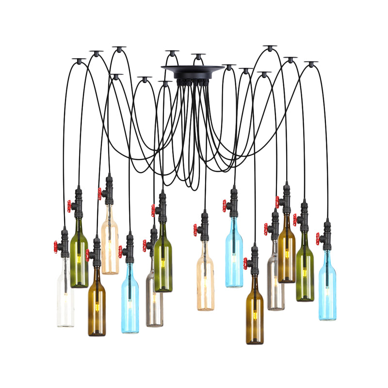 6/8/10 Lights Swag LED Multi Pendant Vintage Restaurant Hanging Ceiling Lamp with Bottle Colored Glass Shade in Black Clearhalo 'Ceiling Lights' 'Glass shade' 'Glass' 'Industrial Pendants' 'Industrial' 'Middle Century Pendants' 'Pendant Lights' 'Pendants' 'Tiffany' Lighting' 738841