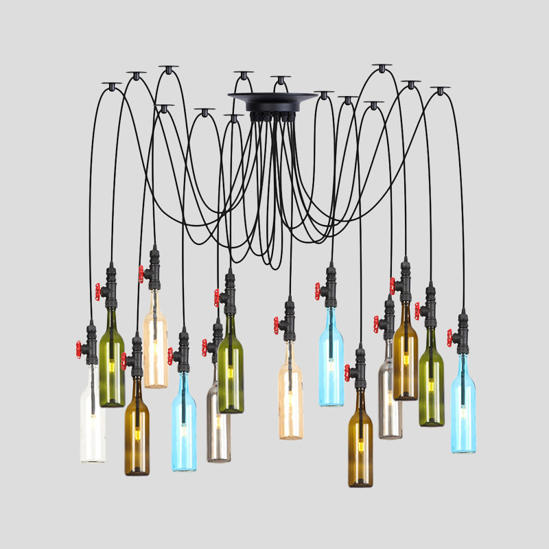6/8/10 Lights Swag LED Multi Pendant Vintage Restaurant Hanging Ceiling Lamp with Bottle Colored Glass Shade in Black Clearhalo 'Ceiling Lights' 'Glass shade' 'Glass' 'Industrial Pendants' 'Industrial' 'Middle Century Pendants' 'Pendant Lights' 'Pendants' 'Tiffany' Lighting' 738842