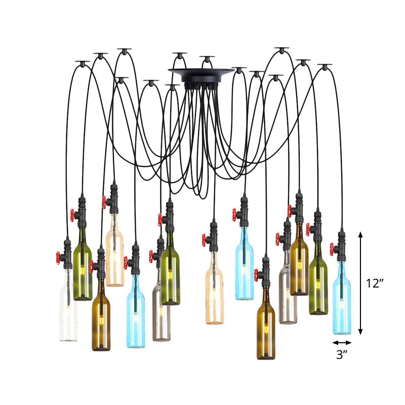 6/8/10 Lights Swag LED Multi Pendant Vintage Restaurant Hanging Ceiling Lamp with Bottle Colored Glass Shade in Black Clearhalo 'Ceiling Lights' 'Glass shade' 'Glass' 'Industrial Pendants' 'Industrial' 'Middle Century Pendants' 'Pendant Lights' 'Pendants' 'Tiffany' Lighting' 738843