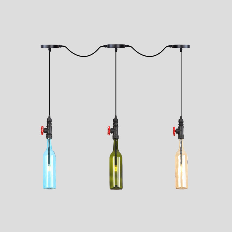 Black Finish 3/5/7 Bulbs Multi Ceiling Light Industrial Colored Glass Bottle LED Tandem Pendulum Lamp Clearhalo 'Ceiling Lights' 'Glass shade' 'Glass' 'Industrial Pendants' 'Industrial' 'Middle Century Pendants' 'Pendant Lights' 'Pendants' 'Tiffany' Lighting' 738846