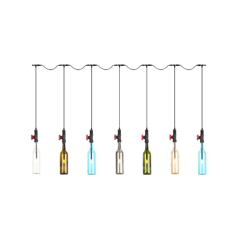 Black Finish 3/5/7 Bulbs Multi Ceiling Light Industrial Colored Glass Bottle LED Tandem Pendulum Lamp Clearhalo 'Ceiling Lights' 'Glass shade' 'Glass' 'Industrial Pendants' 'Industrial' 'Middle Century Pendants' 'Pendant Lights' 'Pendants' 'Tiffany' Lighting' 738855