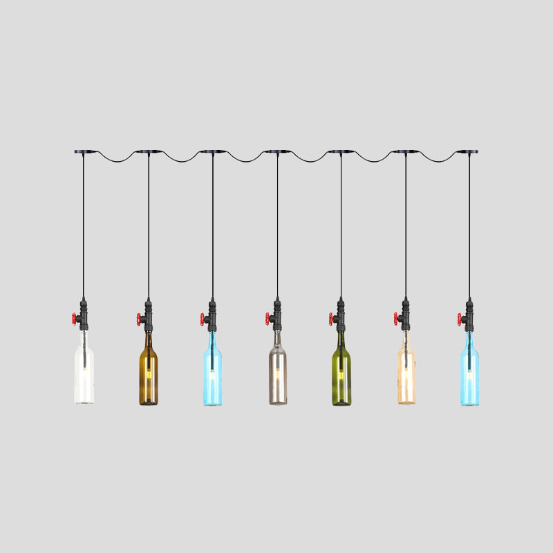 Black Finish 3/5/7 Bulbs Multi Ceiling Light Industrial Colored Glass Bottle LED Tandem Pendulum Lamp Clearhalo 'Ceiling Lights' 'Glass shade' 'Glass' 'Industrial Pendants' 'Industrial' 'Middle Century Pendants' 'Pendant Lights' 'Pendants' 'Tiffany' Lighting' 738856