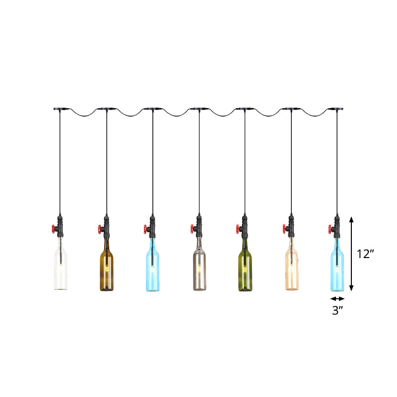 Black Finish 3/5/7 Bulbs Multi Ceiling Light Industrial Colored Glass Bottle LED Tandem Pendulum Lamp Clearhalo 'Ceiling Lights' 'Glass shade' 'Glass' 'Industrial Pendants' 'Industrial' 'Middle Century Pendants' 'Pendant Lights' 'Pendants' 'Tiffany' Lighting' 738857
