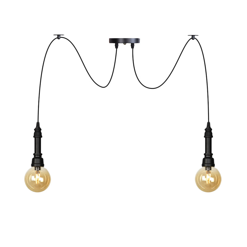 2/3/6 Heads Amber Glass Multi Light Chandelier Vintage Black Finish Global Restaurant Swag LED Hanging Pendant Lamp Clearhalo 'Ceiling Lights' 'Glass shade' 'Glass' 'Industrial Pendants' 'Industrial' 'Middle Century Pendants' 'Pendant Lights' 'Pendants' 'Tiffany' Lighting' 738859