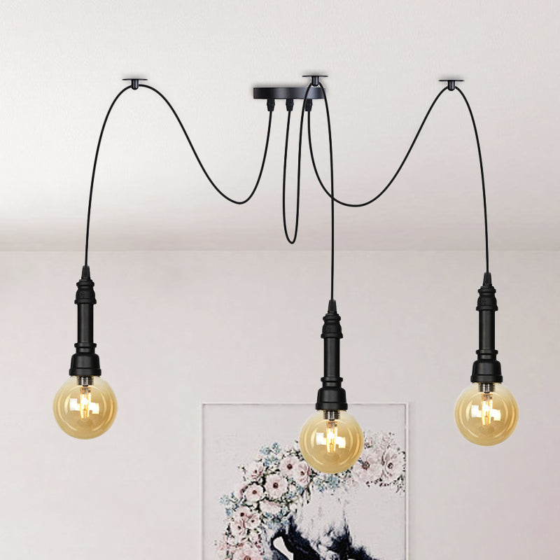 2/3/6 Heads Amber Glass Multi Light Chandelier Vintage Black Finish Global Restaurant Swag LED Hanging Pendant Lamp Clearhalo 'Ceiling Lights' 'Glass shade' 'Glass' 'Industrial Pendants' 'Industrial' 'Middle Century Pendants' 'Pendant Lights' 'Pendants' 'Tiffany' Lighting' 738863