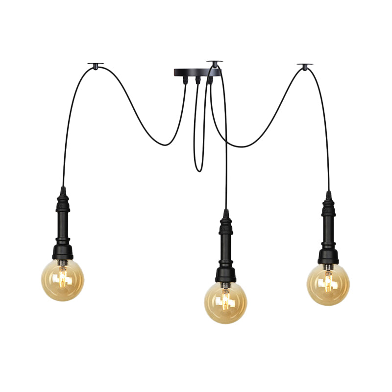 2/3/6 Heads Amber Glass Multi Light Chandelier Vintage Black Finish Global Restaurant Swag LED Hanging Pendant Lamp Clearhalo 'Ceiling Lights' 'Glass shade' 'Glass' 'Industrial Pendants' 'Industrial' 'Middle Century Pendants' 'Pendant Lights' 'Pendants' 'Tiffany' Lighting' 738864