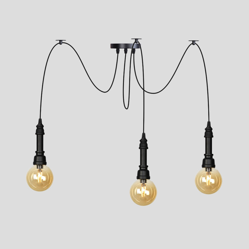 2/3/6 Heads Amber Glass Multi Light Chandelier Vintage Black Finish Global Restaurant Swag LED Hanging Pendant Lamp Clearhalo 'Ceiling Lights' 'Glass shade' 'Glass' 'Industrial Pendants' 'Industrial' 'Middle Century Pendants' 'Pendant Lights' 'Pendants' 'Tiffany' Lighting' 738865