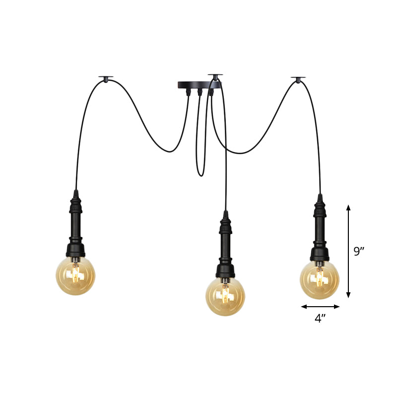 2/3/6 Heads Amber Glass Multi Light Chandelier Vintage Black Finish Global Restaurant Swag LED Hanging Pendant Lamp Clearhalo 'Ceiling Lights' 'Glass shade' 'Glass' 'Industrial Pendants' 'Industrial' 'Middle Century Pendants' 'Pendant Lights' 'Pendants' 'Tiffany' Lighting' 738866