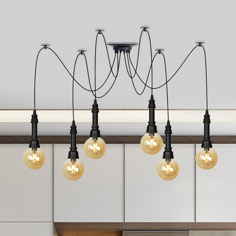 2/3/6 Heads Amber Glass Multi Light Chandelier Vintage Black Finish Global Restaurant Swag LED Hanging Pendant Lamp Clearhalo 'Ceiling Lights' 'Glass shade' 'Glass' 'Industrial Pendants' 'Industrial' 'Middle Century Pendants' 'Pendant Lights' 'Pendants' 'Tiffany' Lighting' 738868