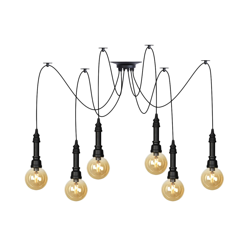 2/3/6 Heads Amber Glass Multi Light Chandelier Vintage Black Finish Global Restaurant Swag LED Hanging Pendant Lamp Clearhalo 'Ceiling Lights' 'Glass shade' 'Glass' 'Industrial Pendants' 'Industrial' 'Middle Century Pendants' 'Pendant Lights' 'Pendants' 'Tiffany' Lighting' 738869
