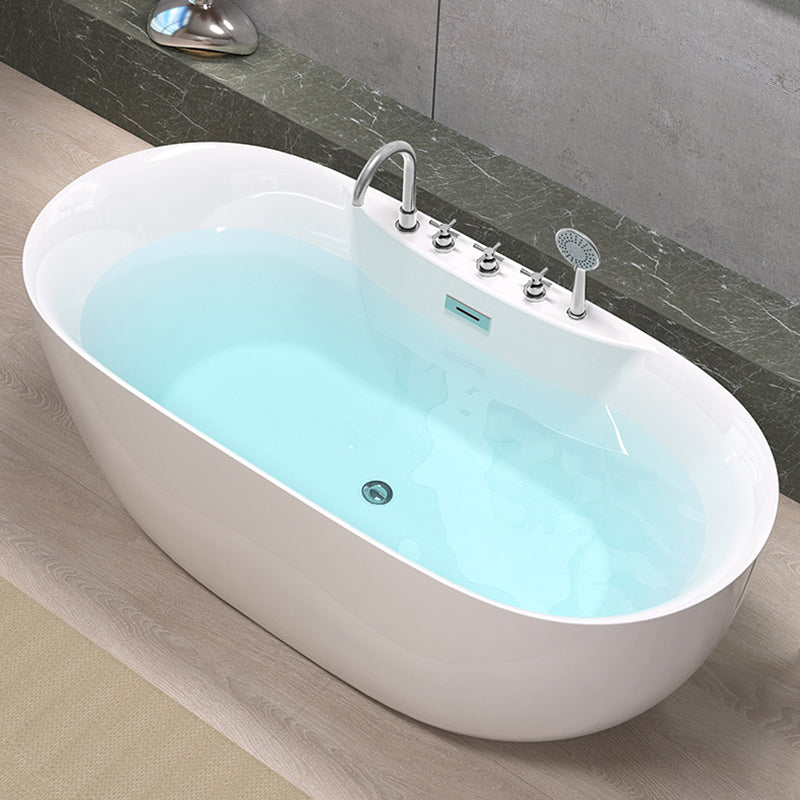 Modern Back to Wall Bath Oval White Soaking Acrylic Freestanding Bathtub White Tub with Silver 5-Piece Set Clearhalo 'Bathroom Remodel & Bathroom Fixtures' 'Bathtubs' 'Home Improvement' 'home_improvement' 'home_improvement_bathtubs' 'Showers & Bathtubs' 7388699