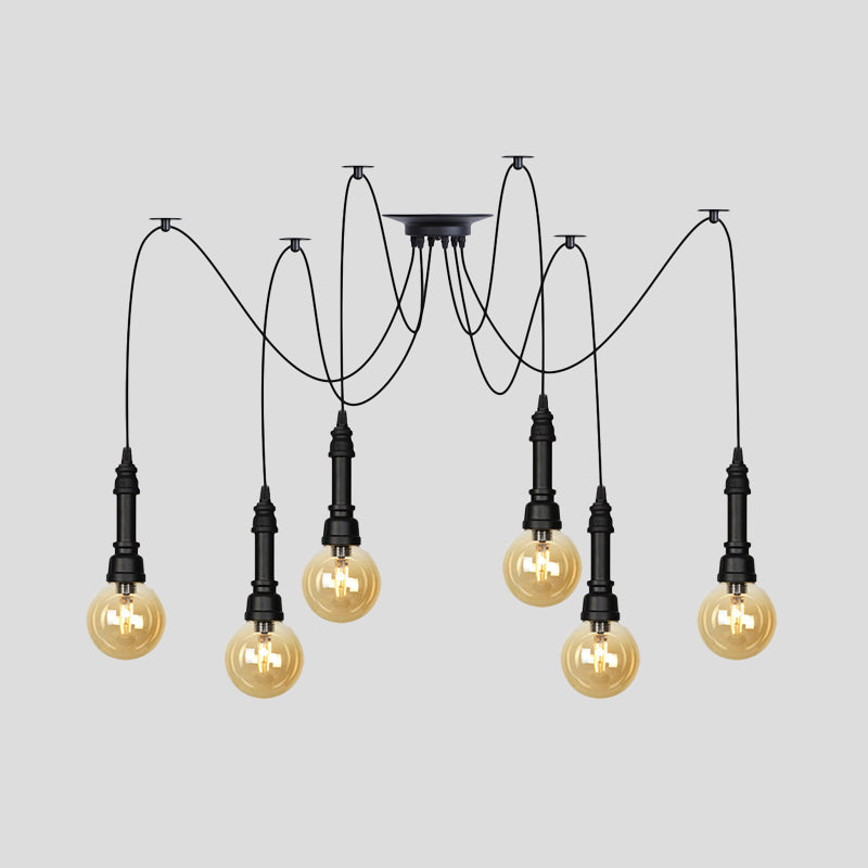 2/3/6 Heads Amber Glass Multi Light Chandelier Vintage Black Finish Global Restaurant Swag LED Hanging Pendant Lamp Clearhalo 'Ceiling Lights' 'Glass shade' 'Glass' 'Industrial Pendants' 'Industrial' 'Middle Century Pendants' 'Pendant Lights' 'Pendants' 'Tiffany' Lighting' 738870