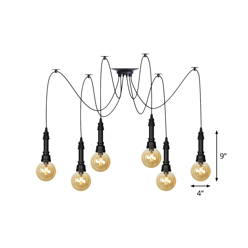 2/3/6 Heads Amber Glass Multi Light Chandelier Vintage Black Finish Global Restaurant Swag LED Hanging Pendant Lamp Clearhalo 'Ceiling Lights' 'Glass shade' 'Glass' 'Industrial Pendants' 'Industrial' 'Middle Century Pendants' 'Pendant Lights' 'Pendants' 'Tiffany' Lighting' 738871
