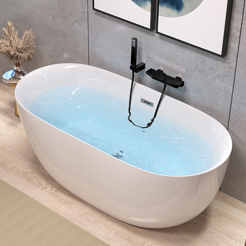 Modern Back to Wall Bath Oval White Soaking Acrylic Freestanding Bathtub Black Tub with Wall Mounted Faucets Clearhalo 'Bathroom Remodel & Bathroom Fixtures' 'Bathtubs' 'Home Improvement' 'home_improvement' 'home_improvement_bathtubs' 'Showers & Bathtubs' 7388712