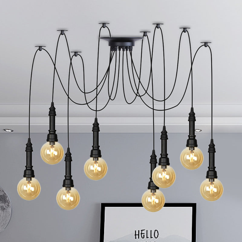 2/3/6 Heads Amber Glass Multi Light Chandelier Vintage Black Finish Global Restaurant Swag LED Hanging Pendant Lamp 8 Black Clearhalo 'Ceiling Lights' 'Glass shade' 'Glass' 'Industrial Pendants' 'Industrial' 'Middle Century Pendants' 'Pendant Lights' 'Pendants' 'Tiffany' Lighting' 738872