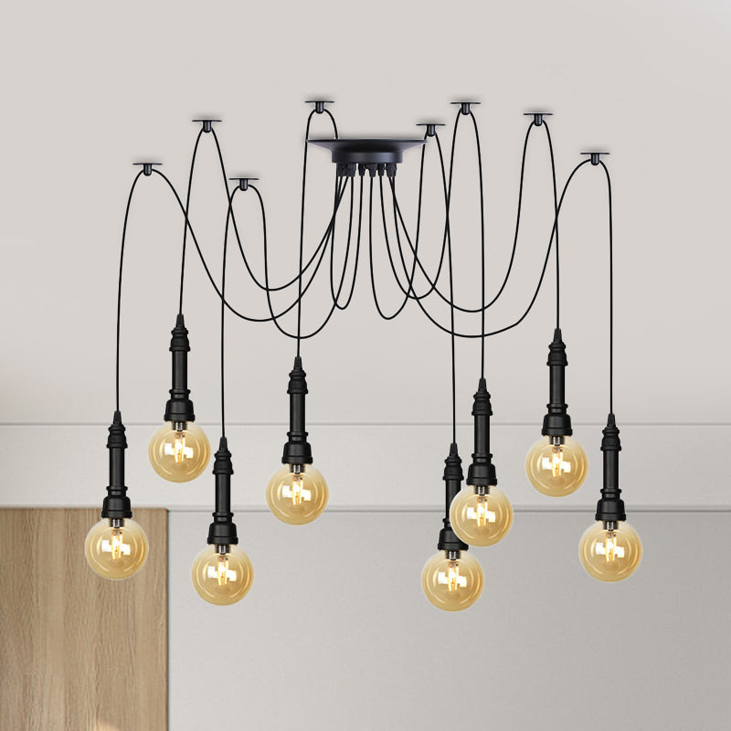 2/3/6 Heads Amber Glass Multi Light Chandelier Vintage Black Finish Global Restaurant Swag LED Hanging Pendant Lamp Clearhalo 'Ceiling Lights' 'Glass shade' 'Glass' 'Industrial Pendants' 'Industrial' 'Middle Century Pendants' 'Pendant Lights' 'Pendants' 'Tiffany' Lighting' 738873