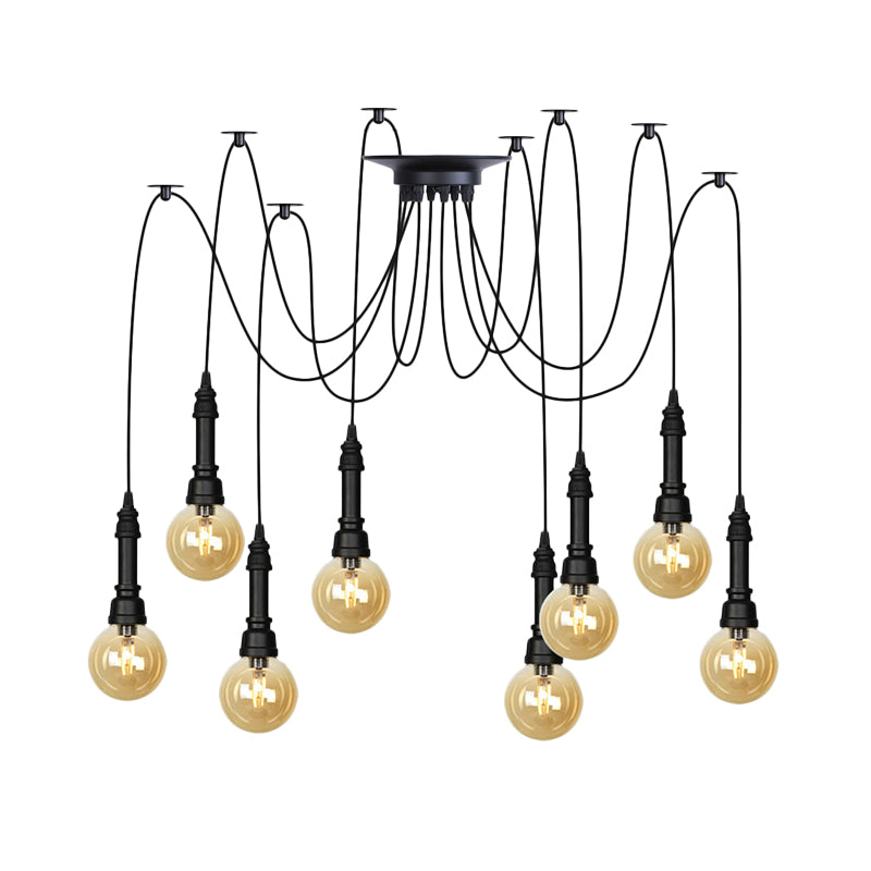 2/3/6 Heads Amber Glass Multi Light Chandelier Vintage Black Finish Global Restaurant Swag LED Hanging Pendant Lamp Clearhalo 'Ceiling Lights' 'Glass shade' 'Glass' 'Industrial Pendants' 'Industrial' 'Middle Century Pendants' 'Pendant Lights' 'Pendants' 'Tiffany' Lighting' 738874