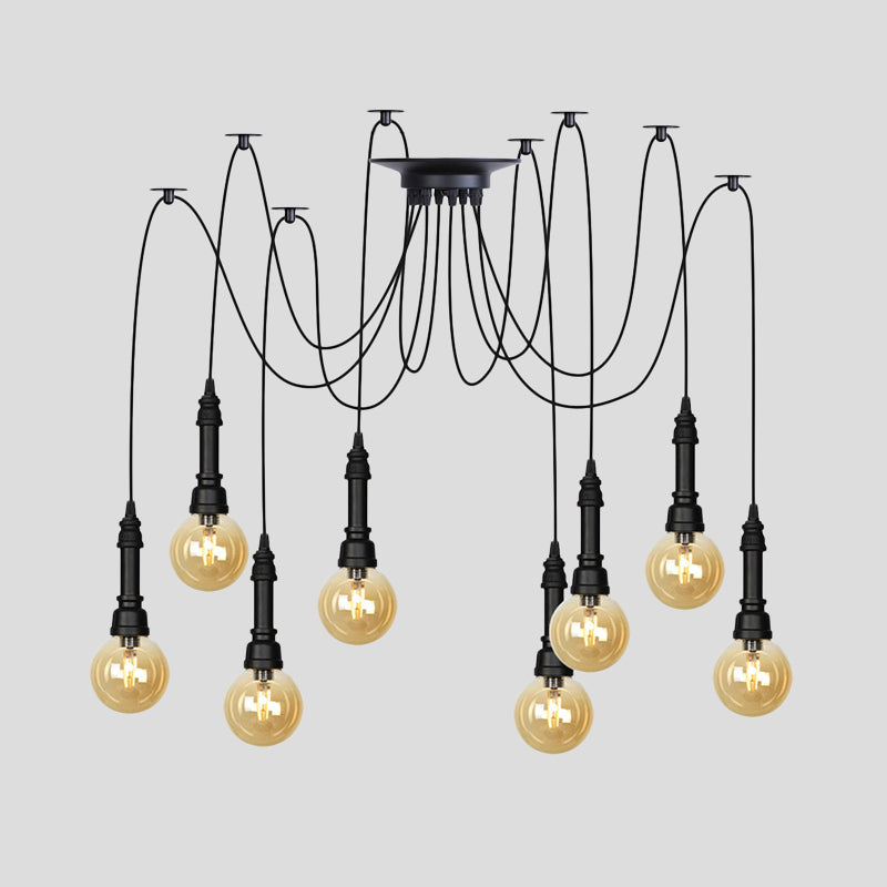 2/3/6 Heads Amber Glass Multi Light Chandelier Vintage Black Finish Global Restaurant Swag LED Hanging Pendant Lamp Clearhalo 'Ceiling Lights' 'Glass shade' 'Glass' 'Industrial Pendants' 'Industrial' 'Middle Century Pendants' 'Pendant Lights' 'Pendants' 'Tiffany' Lighting' 738875