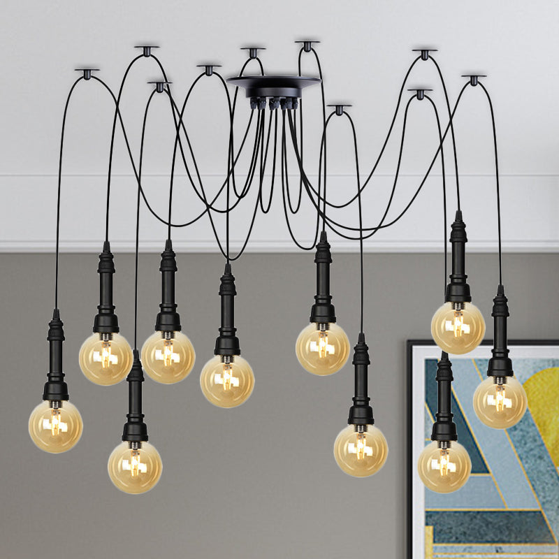 2/3/6 Heads Amber Glass Multi Light Chandelier Vintage Black Finish Global Restaurant Swag LED Hanging Pendant Lamp 10 Black Clearhalo 'Ceiling Lights' 'Glass shade' 'Glass' 'Industrial Pendants' 'Industrial' 'Middle Century Pendants' 'Pendant Lights' 'Pendants' 'Tiffany' Lighting' 738877