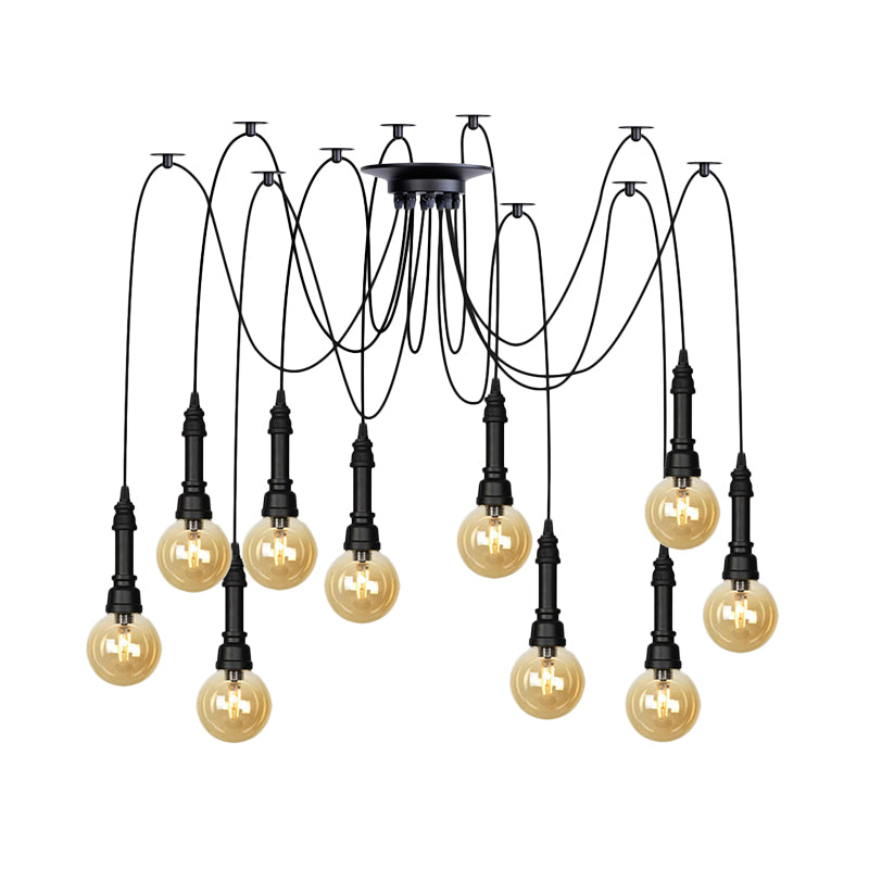 2/3/6 Heads Amber Glass Multi Light Chandelier Vintage Black Finish Global Restaurant Swag LED Hanging Pendant Lamp Clearhalo 'Ceiling Lights' 'Glass shade' 'Glass' 'Industrial Pendants' 'Industrial' 'Middle Century Pendants' 'Pendant Lights' 'Pendants' 'Tiffany' Lighting' 738879