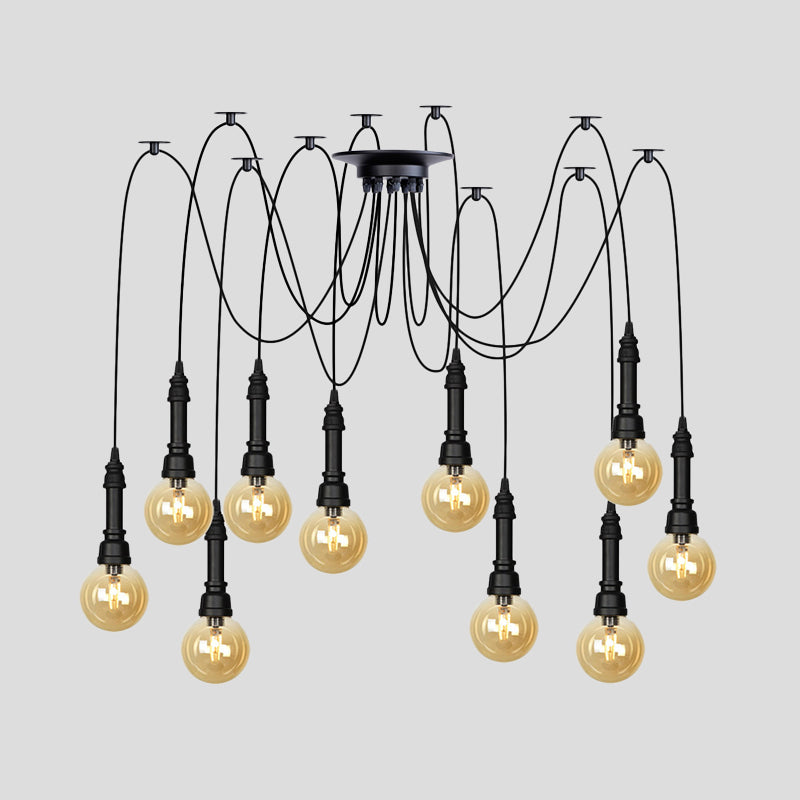 2/3/6 Heads Amber Glass Multi Light Chandelier Vintage Black Finish Global Restaurant Swag LED Hanging Pendant Lamp Clearhalo 'Ceiling Lights' 'Glass shade' 'Glass' 'Industrial Pendants' 'Industrial' 'Middle Century Pendants' 'Pendant Lights' 'Pendants' 'Tiffany' Lighting' 738880