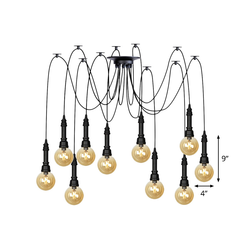 2/3/6 Heads Amber Glass Multi Light Chandelier Vintage Black Finish Global Restaurant Swag LED Hanging Pendant Lamp Clearhalo 'Ceiling Lights' 'Glass shade' 'Glass' 'Industrial Pendants' 'Industrial' 'Middle Century Pendants' 'Pendant Lights' 'Pendants' 'Tiffany' Lighting' 738881