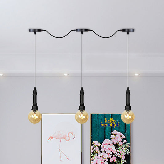 Amber Glass Ball Multiple Hanging Light Vintage 3/5/7-Light Coffee House Tandem LED Ceiling Pendant Lamp in Black 3 Black Clearhalo 'Ceiling Lights' 'Glass shade' 'Glass' 'Industrial Pendants' 'Industrial' 'Middle Century Pendants' 'Pendant Lights' 'Pendants' 'Tiffany' Lighting' 738882