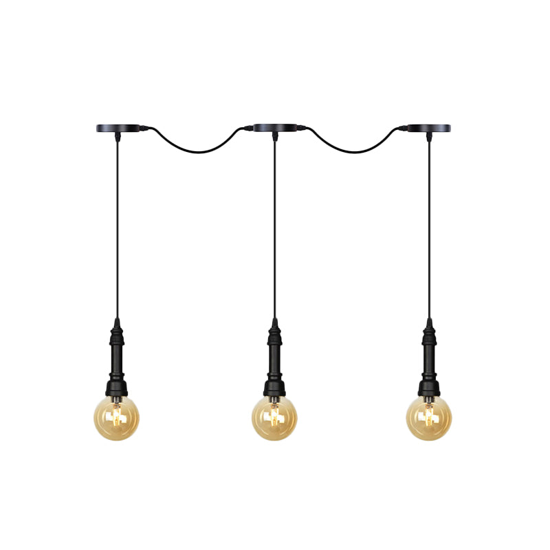 Amber Glass Ball Multiple Hanging Light Vintage 3/5/7-Light Coffee House Tandem LED Ceiling Pendant Lamp in Black Clearhalo 'Ceiling Lights' 'Glass shade' 'Glass' 'Industrial Pendants' 'Industrial' 'Middle Century Pendants' 'Pendant Lights' 'Pendants' 'Tiffany' Lighting' 738883