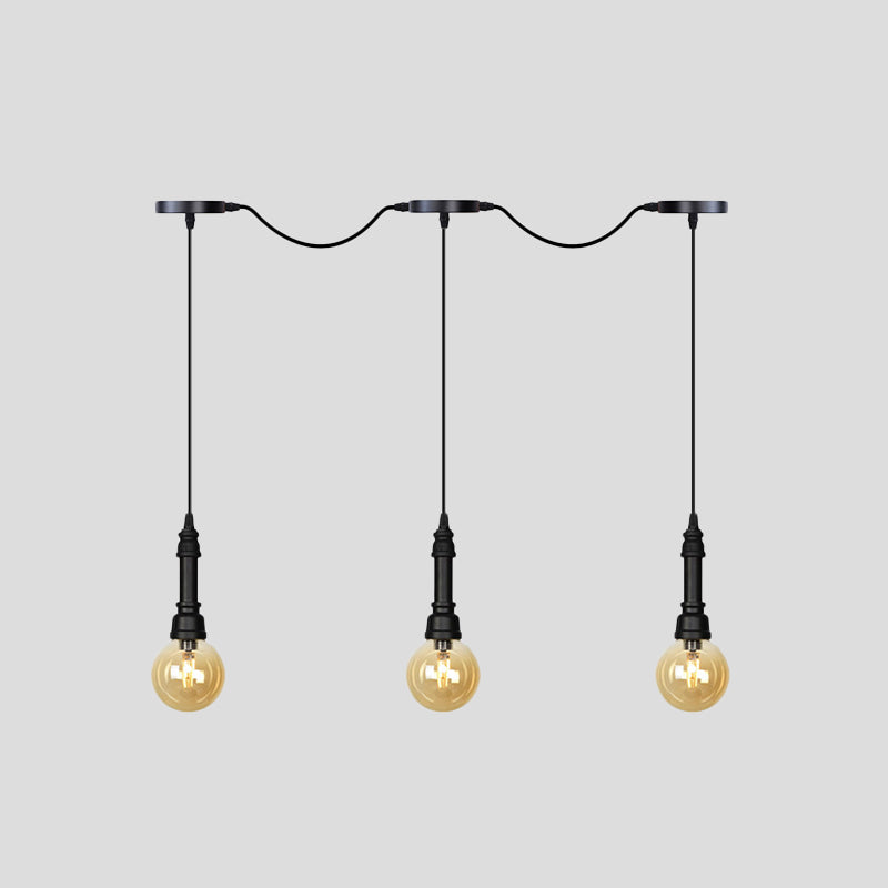 Amber Glass Ball Multiple Hanging Light Vintage 3/5/7-Light Coffee House Tandem LED Ceiling Pendant Lamp in Black Clearhalo 'Ceiling Lights' 'Glass shade' 'Glass' 'Industrial Pendants' 'Industrial' 'Middle Century Pendants' 'Pendant Lights' 'Pendants' 'Tiffany' Lighting' 738884