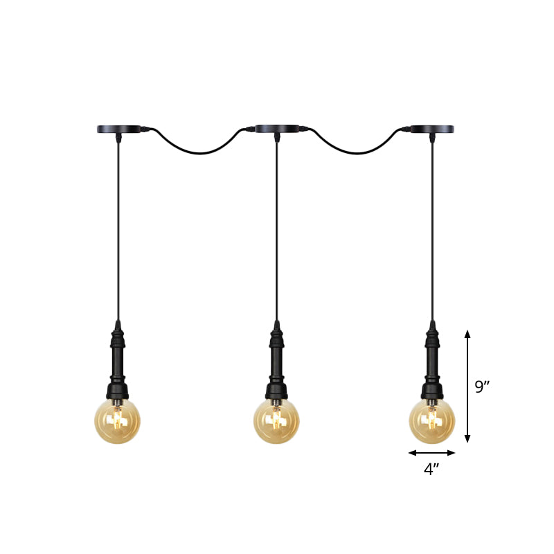 Amber Glass Ball Multiple Hanging Light Vintage 3/5/7-Light Coffee House Tandem LED Ceiling Pendant Lamp in Black Clearhalo 'Ceiling Lights' 'Glass shade' 'Glass' 'Industrial Pendants' 'Industrial' 'Middle Century Pendants' 'Pendant Lights' 'Pendants' 'Tiffany' Lighting' 738885
