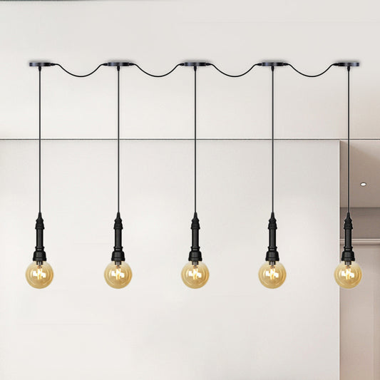 Amber Glass Ball Multiple Hanging Light Vintage 3/5/7-Light Coffee House Tandem LED Ceiling Pendant Lamp in Black 5 Black Clearhalo 'Ceiling Lights' 'Glass shade' 'Glass' 'Industrial Pendants' 'Industrial' 'Middle Century Pendants' 'Pendant Lights' 'Pendants' 'Tiffany' Lighting' 738886