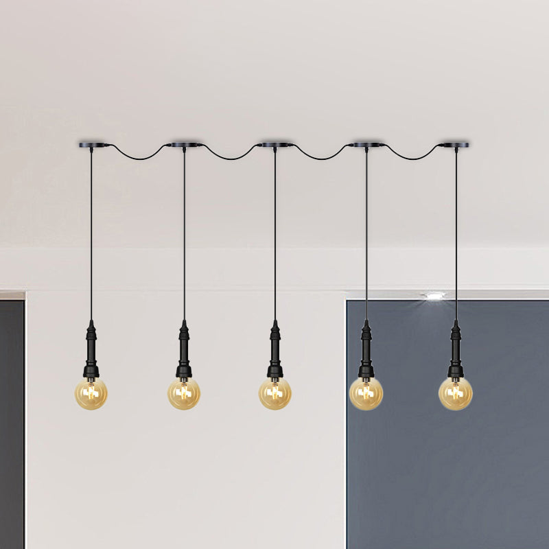 Amber Glass Ball Multiple Hanging Light Vintage 3/5/7-Light Coffee House Tandem LED Ceiling Pendant Lamp in Black Clearhalo 'Ceiling Lights' 'Glass shade' 'Glass' 'Industrial Pendants' 'Industrial' 'Middle Century Pendants' 'Pendant Lights' 'Pendants' 'Tiffany' Lighting' 738887