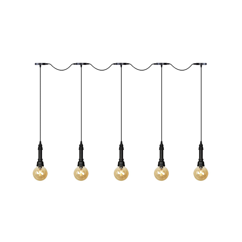 Amber Glass Ball Multiple Hanging Light Vintage 3/5/7-Light Coffee House Tandem LED Ceiling Pendant Lamp in Black Clearhalo 'Ceiling Lights' 'Glass shade' 'Glass' 'Industrial Pendants' 'Industrial' 'Middle Century Pendants' 'Pendant Lights' 'Pendants' 'Tiffany' Lighting' 738888
