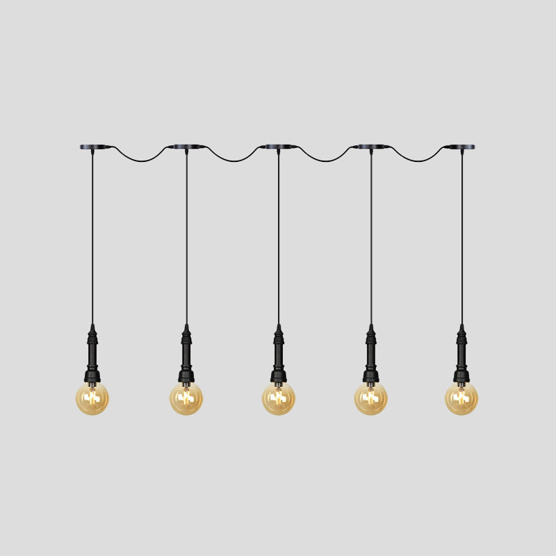 Amber Glass Ball Multiple Hanging Light Vintage 3/5/7-Light Coffee House Tandem LED Ceiling Pendant Lamp in Black Clearhalo 'Ceiling Lights' 'Glass shade' 'Glass' 'Industrial Pendants' 'Industrial' 'Middle Century Pendants' 'Pendant Lights' 'Pendants' 'Tiffany' Lighting' 738889