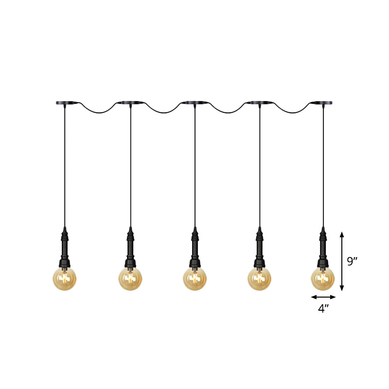 Amber Glass Ball Multiple Hanging Light Vintage 3/5/7-Light Coffee House Tandem LED Ceiling Pendant Lamp in Black Clearhalo 'Ceiling Lights' 'Glass shade' 'Glass' 'Industrial Pendants' 'Industrial' 'Middle Century Pendants' 'Pendant Lights' 'Pendants' 'Tiffany' Lighting' 738890