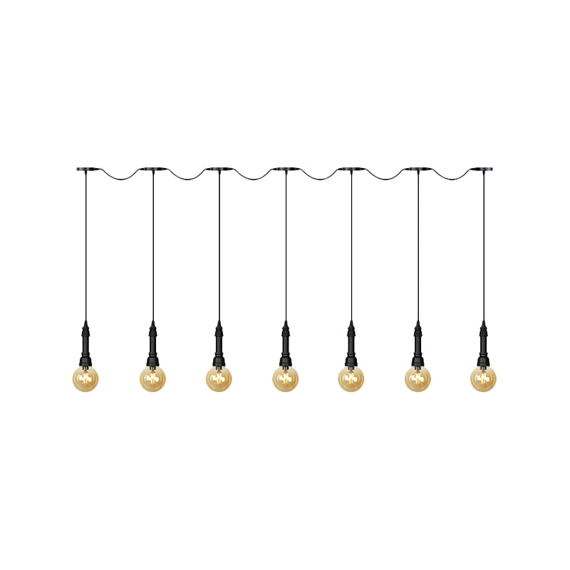 Amber Glass Ball Multiple Hanging Light Vintage 3/5/7-Light Coffee House Tandem LED Ceiling Pendant Lamp in Black Clearhalo 'Ceiling Lights' 'Glass shade' 'Glass' 'Industrial Pendants' 'Industrial' 'Middle Century Pendants' 'Pendant Lights' 'Pendants' 'Tiffany' Lighting' 738893