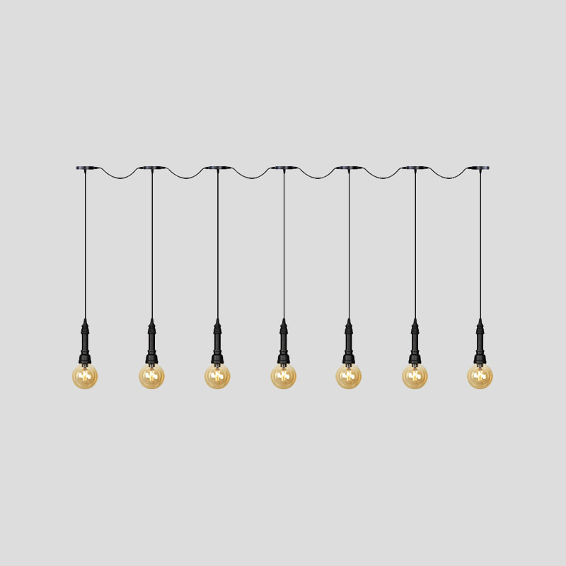 Amber Glass Ball Multiple Hanging Light Vintage 3/5/7-Light Coffee House Tandem LED Ceiling Pendant Lamp in Black Clearhalo 'Ceiling Lights' 'Glass shade' 'Glass' 'Industrial Pendants' 'Industrial' 'Middle Century Pendants' 'Pendant Lights' 'Pendants' 'Tiffany' Lighting' 738894