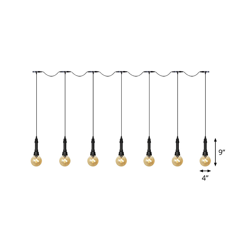 Amber Glass Ball Multiple Hanging Light Vintage 3/5/7-Light Coffee House Tandem LED Ceiling Pendant Lamp in Black Clearhalo 'Ceiling Lights' 'Glass shade' 'Glass' 'Industrial Pendants' 'Industrial' 'Middle Century Pendants' 'Pendant Lights' 'Pendants' 'Tiffany' Lighting' 738895