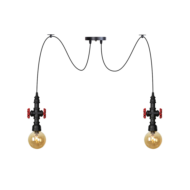 Globe Restaurant LED Multi Ceiling Light Industrial Amber Glass 2/3/6-Head Black Swag Pendant Lamp Fixture with Valve Deco Clearhalo 'Ceiling Lights' 'Glass shade' 'Glass' 'Industrial Pendants' 'Industrial' 'Middle Century Pendants' 'Pendant Lights' 'Pendants' 'Tiffany' Lighting' 738897