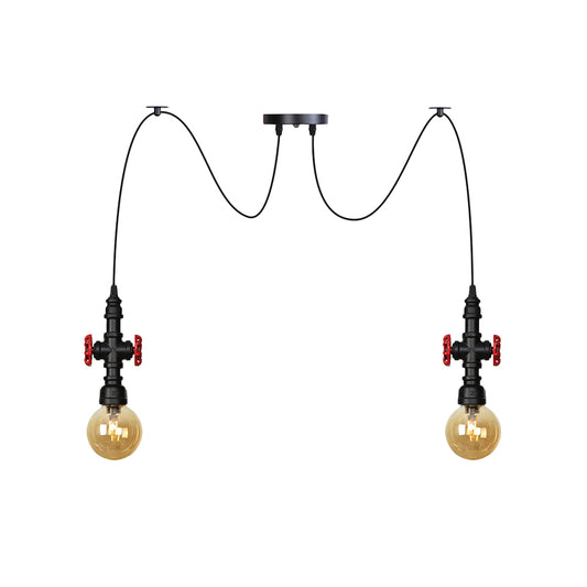 Globe Restaurant LED Multi Ceiling Light Industrial Amber Glass 2/3/6-Head Black Swag Pendant Lamp Fixture with Valve Deco Clearhalo 'Ceiling Lights' 'Glass shade' 'Glass' 'Industrial Pendants' 'Industrial' 'Middle Century Pendants' 'Pendant Lights' 'Pendants' 'Tiffany' Lighting' 738897