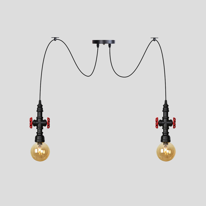 Globe Restaurant LED Multi Ceiling Light Industrial Amber Glass 2/3/6-Head Black Swag Pendant Lamp Fixture with Valve Deco Clearhalo 'Ceiling Lights' 'Glass shade' 'Glass' 'Industrial Pendants' 'Industrial' 'Middle Century Pendants' 'Pendant Lights' 'Pendants' 'Tiffany' Lighting' 738898
