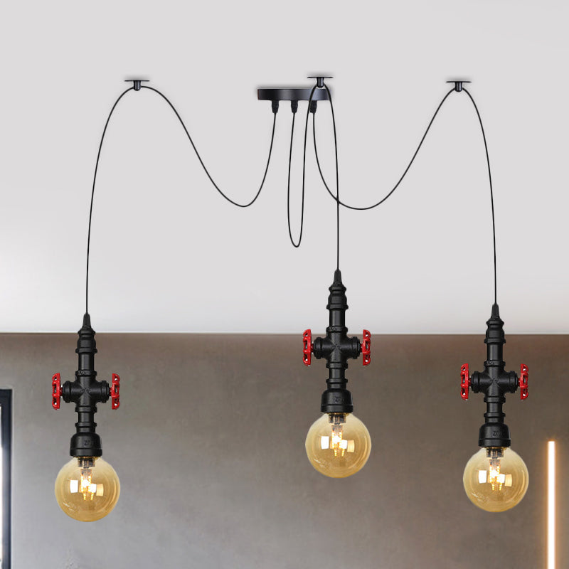 Globe Restaurant LED Multi Ceiling Light Industrial Amber Glass 2/3/6-Head Black Swag Pendant Lamp Fixture with Valve Deco 3 Black Clearhalo 'Ceiling Lights' 'Glass shade' 'Glass' 'Industrial Pendants' 'Industrial' 'Middle Century Pendants' 'Pendant Lights' 'Pendants' 'Tiffany' Lighting' 738900