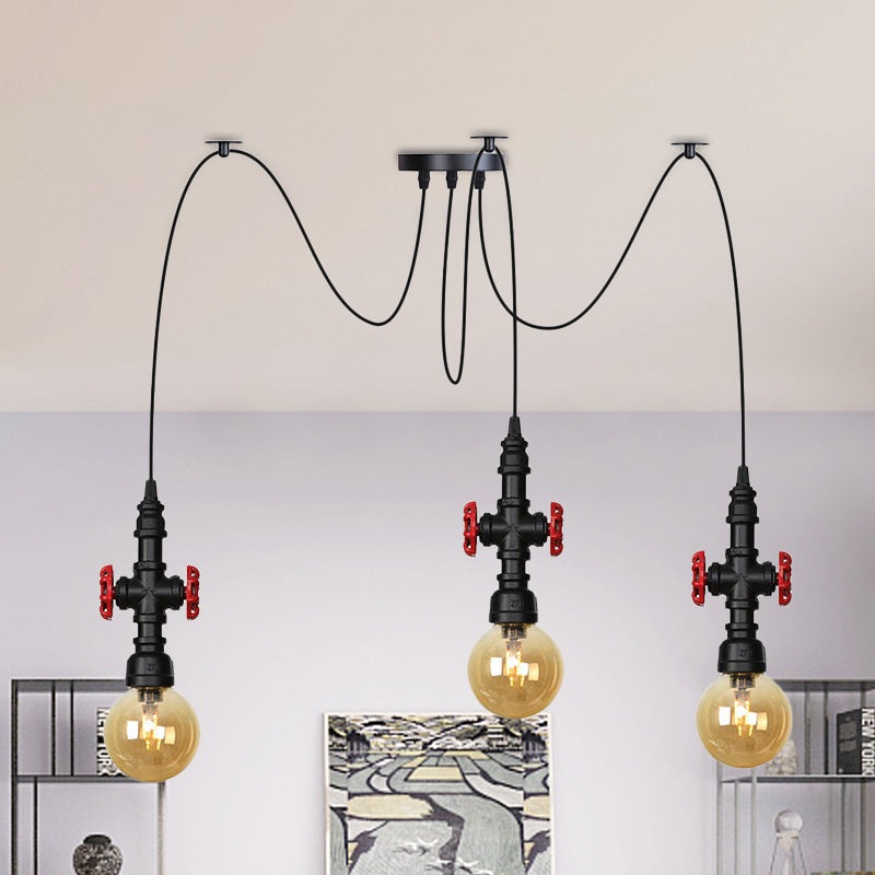 Globe Restaurant LED Multi Ceiling Light Industrial Amber Glass 2/3/6-Head Black Swag Pendant Lamp Fixture with Valve Deco Clearhalo 'Ceiling Lights' 'Glass shade' 'Glass' 'Industrial Pendants' 'Industrial' 'Middle Century Pendants' 'Pendant Lights' 'Pendants' 'Tiffany' Lighting' 738901