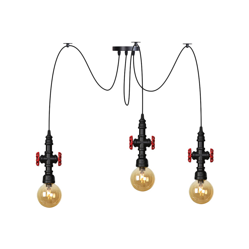 Globe Restaurant LED Multi Ceiling Light Industrial Amber Glass 2/3/6-Head Black Swag Pendant Lamp Fixture with Valve Deco Clearhalo 'Ceiling Lights' 'Glass shade' 'Glass' 'Industrial Pendants' 'Industrial' 'Middle Century Pendants' 'Pendant Lights' 'Pendants' 'Tiffany' Lighting' 738902