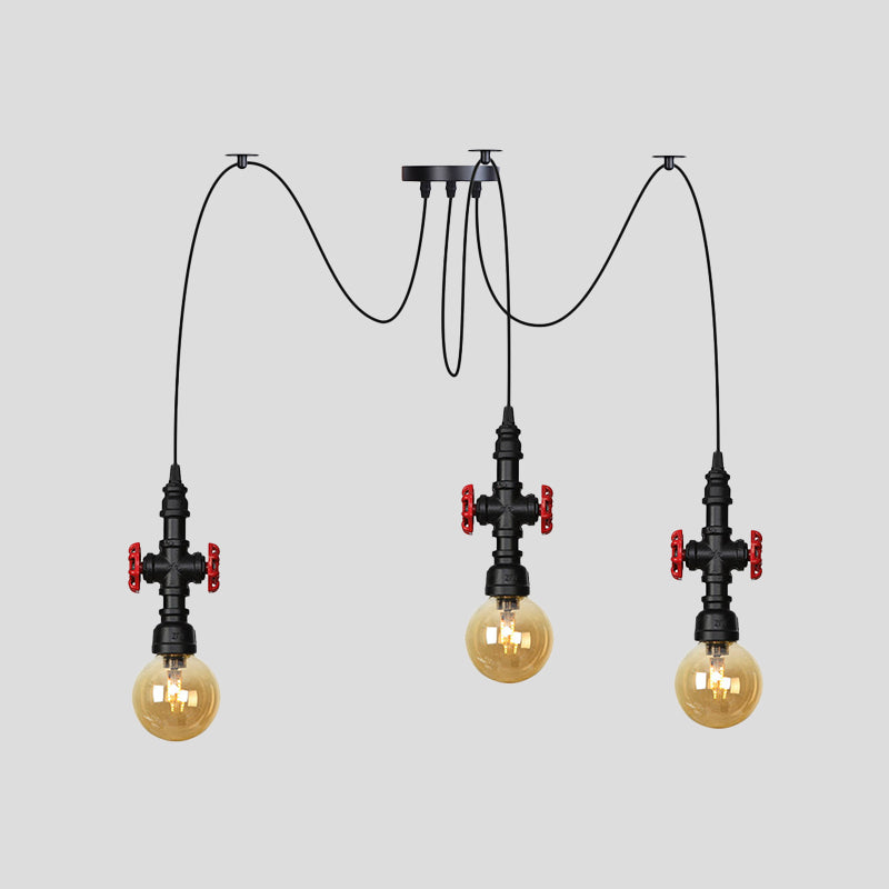 Globe Restaurant LED Multi Ceiling Light Industrial Amber Glass 2/3/6-Head Black Swag Pendant Lamp Fixture with Valve Deco Clearhalo 'Ceiling Lights' 'Glass shade' 'Glass' 'Industrial Pendants' 'Industrial' 'Middle Century Pendants' 'Pendant Lights' 'Pendants' 'Tiffany' Lighting' 738903