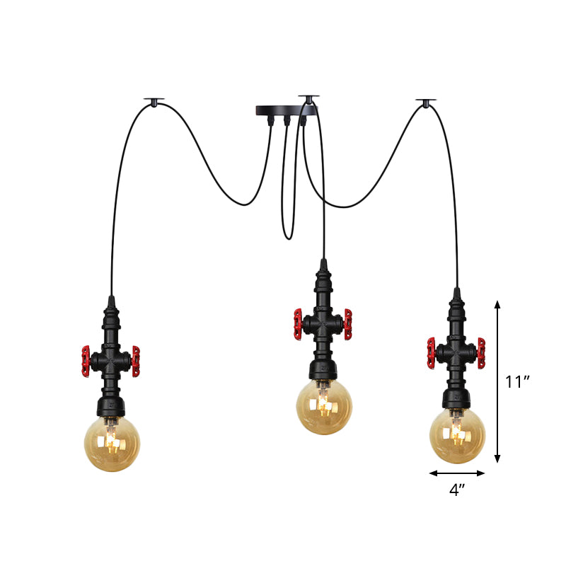 Globe Restaurant LED Multi Ceiling Light Industrial Amber Glass 2/3/6-Head Black Swag Pendant Lamp Fixture with Valve Deco Clearhalo 'Ceiling Lights' 'Glass shade' 'Glass' 'Industrial Pendants' 'Industrial' 'Middle Century Pendants' 'Pendant Lights' 'Pendants' 'Tiffany' Lighting' 738904