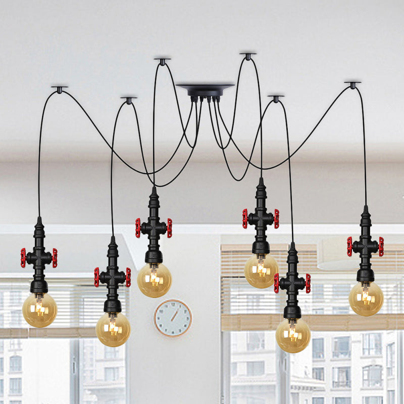 Globe Restaurant LED Multi Ceiling Light Industrial Amber Glass 2/3/6-Head Black Swag Pendant Lamp Fixture with Valve Deco 6 Black Clearhalo 'Ceiling Lights' 'Glass shade' 'Glass' 'Industrial Pendants' 'Industrial' 'Middle Century Pendants' 'Pendant Lights' 'Pendants' 'Tiffany' Lighting' 738905