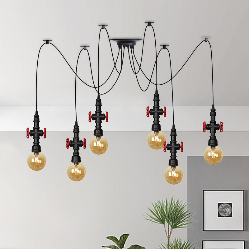 Globe Restaurant LED Multi Ceiling Light Industrial Amber Glass 2/3/6-Head Black Swag Pendant Lamp Fixture with Valve Deco Clearhalo 'Ceiling Lights' 'Glass shade' 'Glass' 'Industrial Pendants' 'Industrial' 'Middle Century Pendants' 'Pendant Lights' 'Pendants' 'Tiffany' Lighting' 738906
