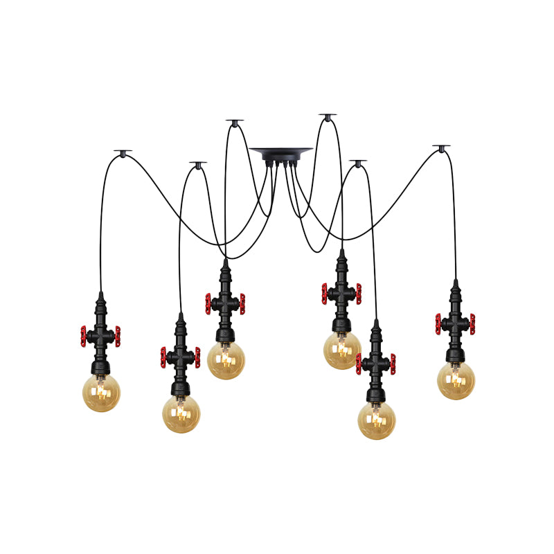 Globe Restaurant LED Multi Ceiling Light Industrial Amber Glass 2/3/6-Head Black Swag Pendant Lamp Fixture with Valve Deco Clearhalo 'Ceiling Lights' 'Glass shade' 'Glass' 'Industrial Pendants' 'Industrial' 'Middle Century Pendants' 'Pendant Lights' 'Pendants' 'Tiffany' Lighting' 738907